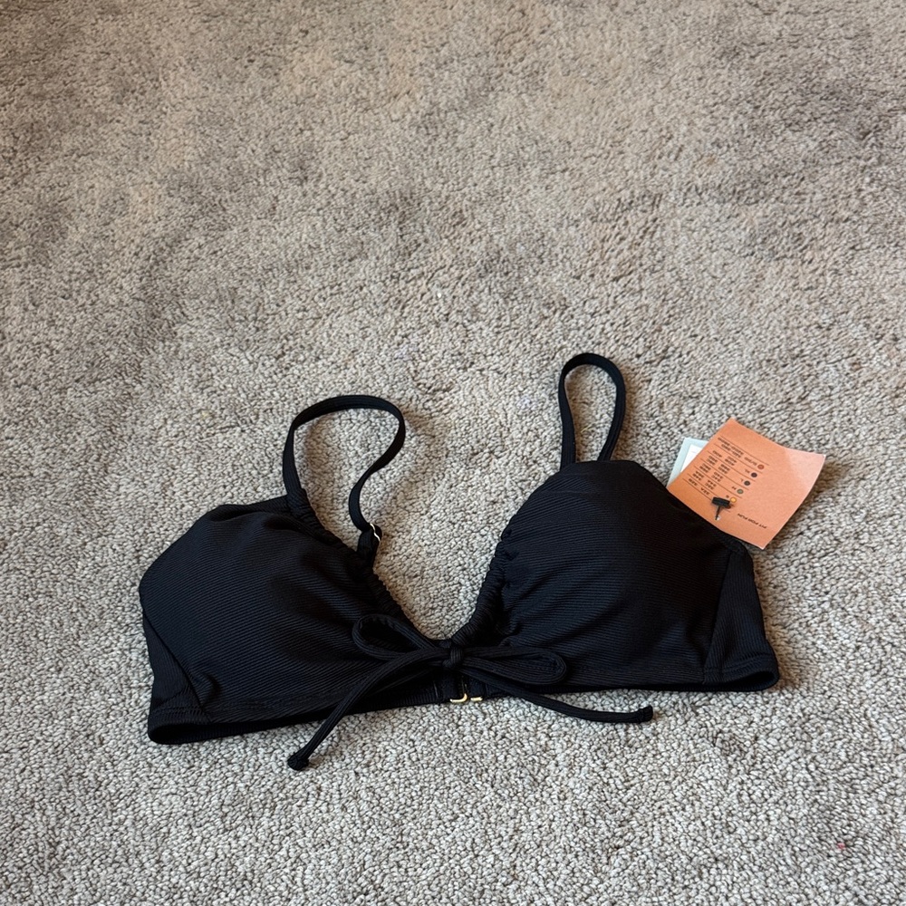Shade & Shore Black Ribbed Tie Front Bikini Top SIZE S Adjustable Straps